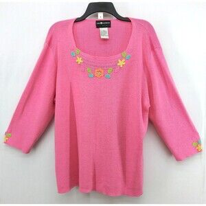 Sag Harbor Shirt Womens Size 2X Pink Floral Embroidery Pullover Knit Blouse Top